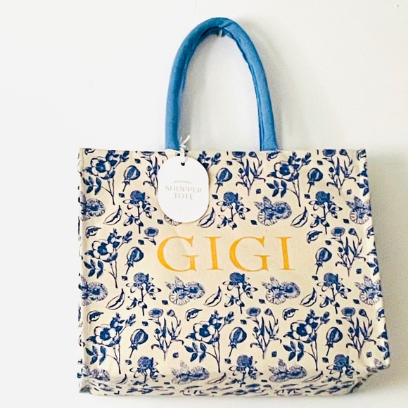 GIGI REUSABLE FLORAL SHOPPER TOTE BLUE & IVORY - Picture 1 of 11
